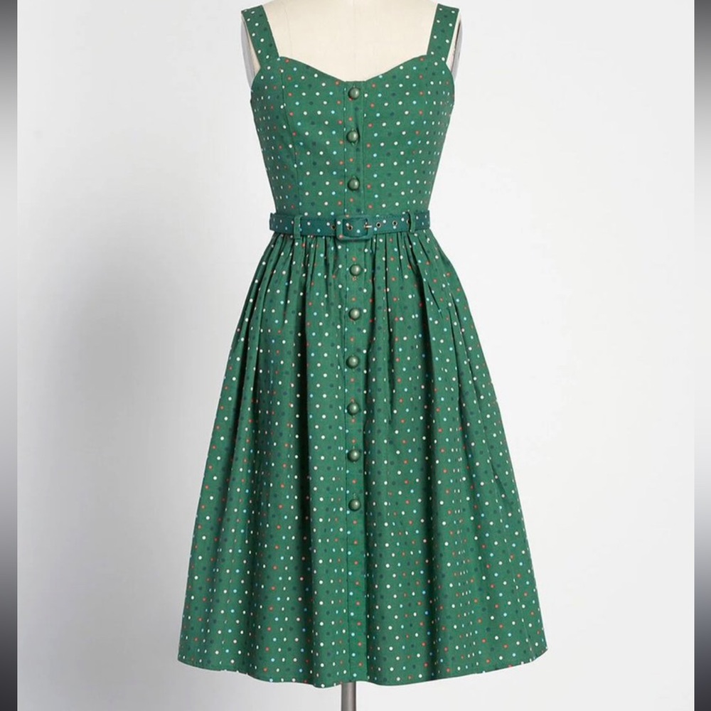 Collectif Clothing Modcloth 50s Jemima Polka Dot Swing Dress in Green size 12 - Picture 1 of 8